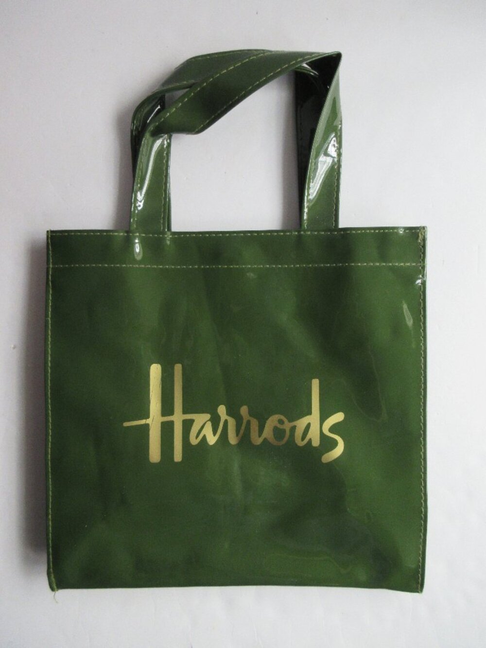 Harrods Glossy PVC Olive Green Logo Shopper Tote Bag Magnetic Snap Closure